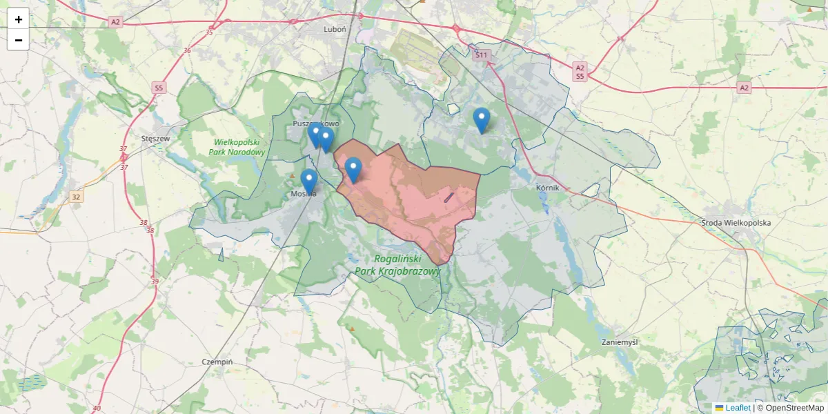 Szczegółowa mapa kodu pocztowego 62-022 z granicami, sąsiednimi kodami pocztowymi i urzędami pocztowymi