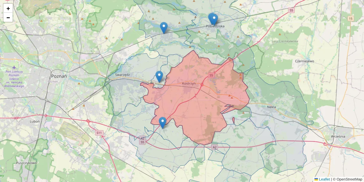 Szczegółowa mapa kodu pocztowego 62-025 z granicami, sąsiednimi kodami pocztowymi i urzędami pocztowymi