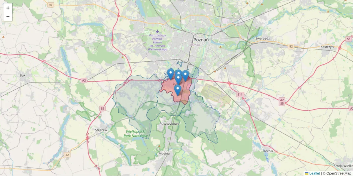 Szczegółowa mapa kodu pocztowego 62-030 z granicami, sąsiednimi kodami pocztowymi i urzędami pocztowymi