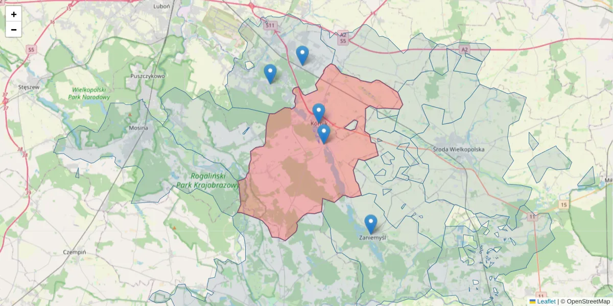 Szczegółowa mapa kodu pocztowego 62-035 z granicami, sąsiednimi kodami pocztowymi i urzędami pocztowymi