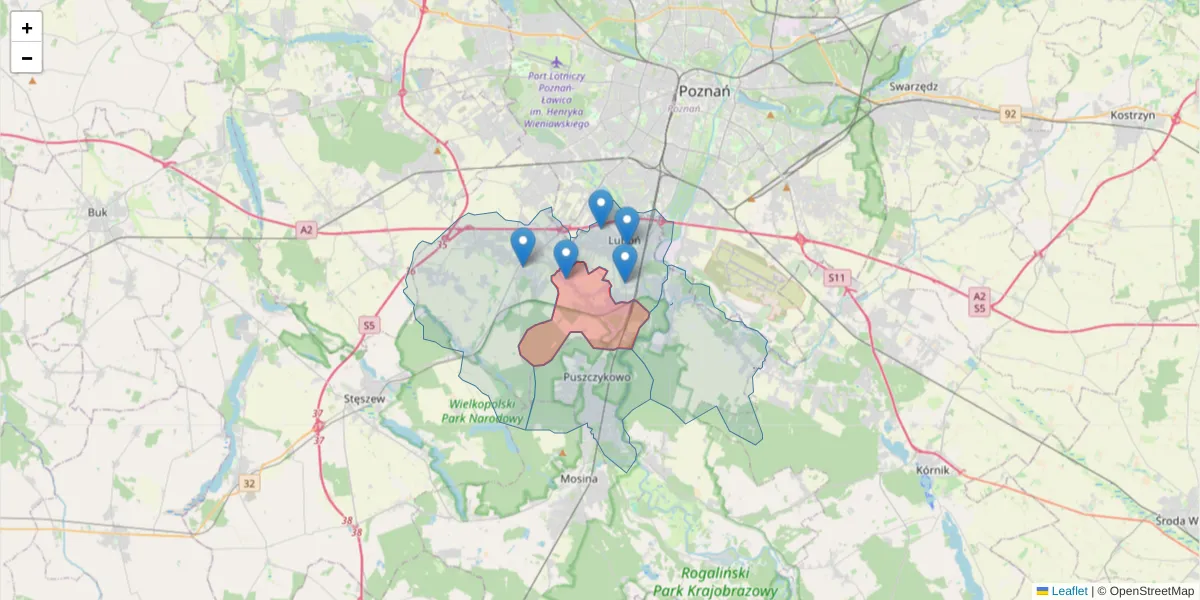 Szczegółowa mapa kodu pocztowego 62-051 z granicami, sąsiednimi kodami pocztowymi i urzędami pocztowymi