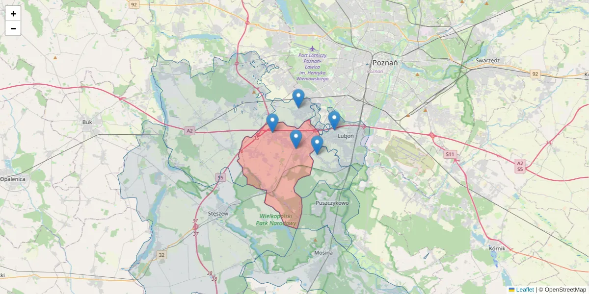 Szczegółowa mapa kodu pocztowego 62-052 z granicami, sąsiednimi kodami pocztowymi i urzędami pocztowymi