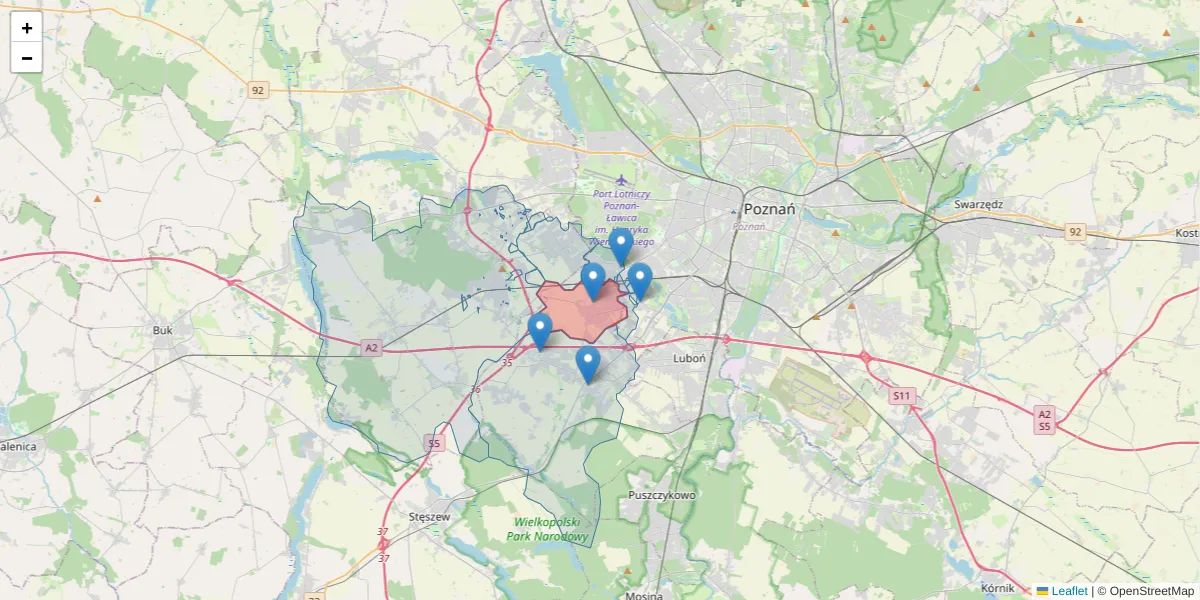 Szczegółowa mapa kodu pocztowego 62-064 z granicami, sąsiednimi kodami pocztowymi i urzędami pocztowymi