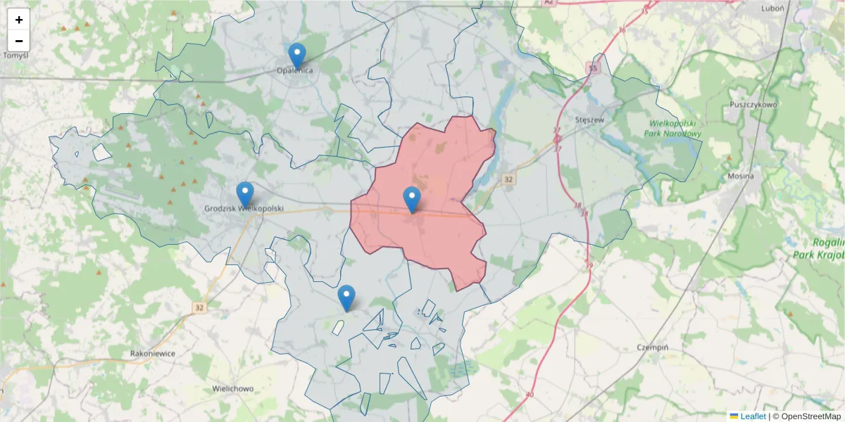Szczegółowa mapa kodu pocztowego 62-066 z granicami, sąsiednimi kodami pocztowymi i urzędami pocztowymi