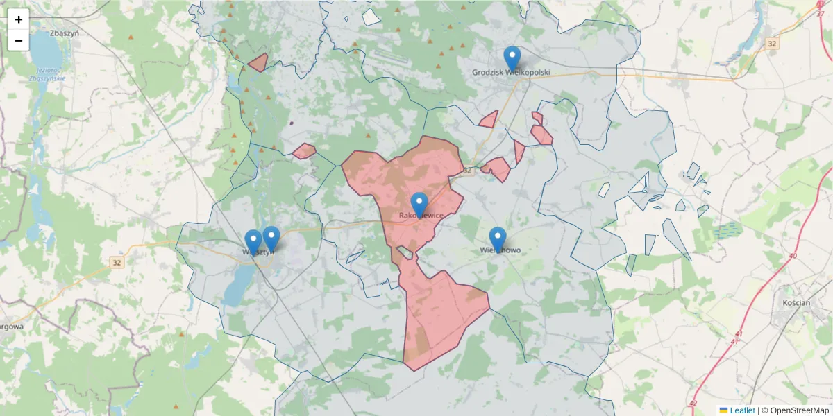 Szczegółowa mapa kodu pocztowego 62-067 z granicami, sąsiednimi kodami pocztowymi i urzędami pocztowymi