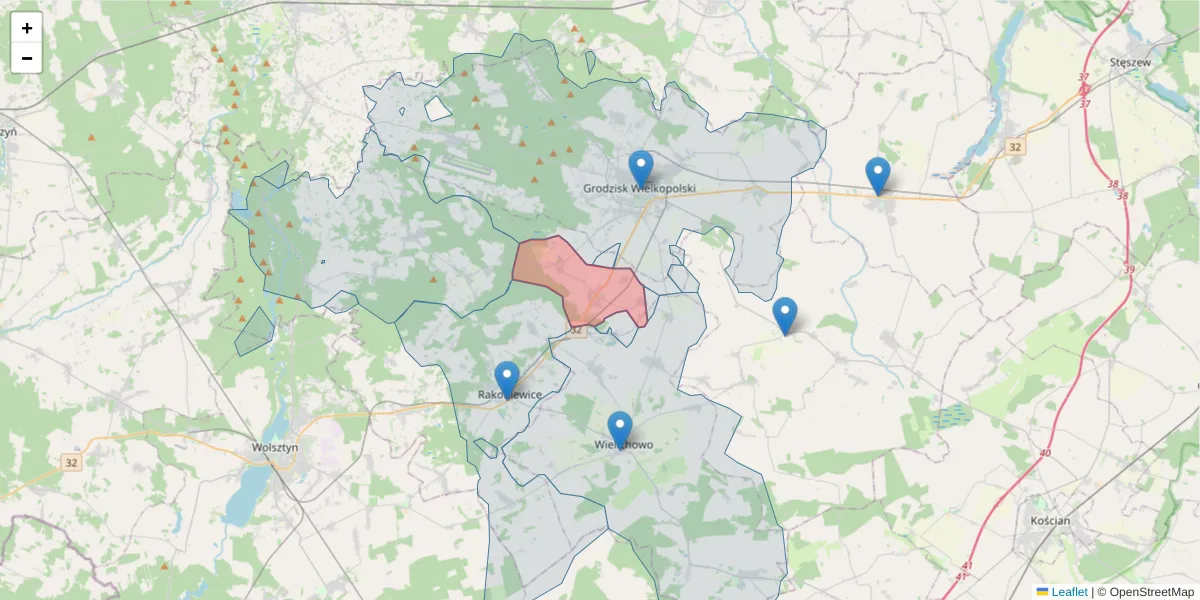 Szczegółowa mapa kodu pocztowego 62-073 z granicami, sąsiednimi kodami pocztowymi i urzędami pocztowymi