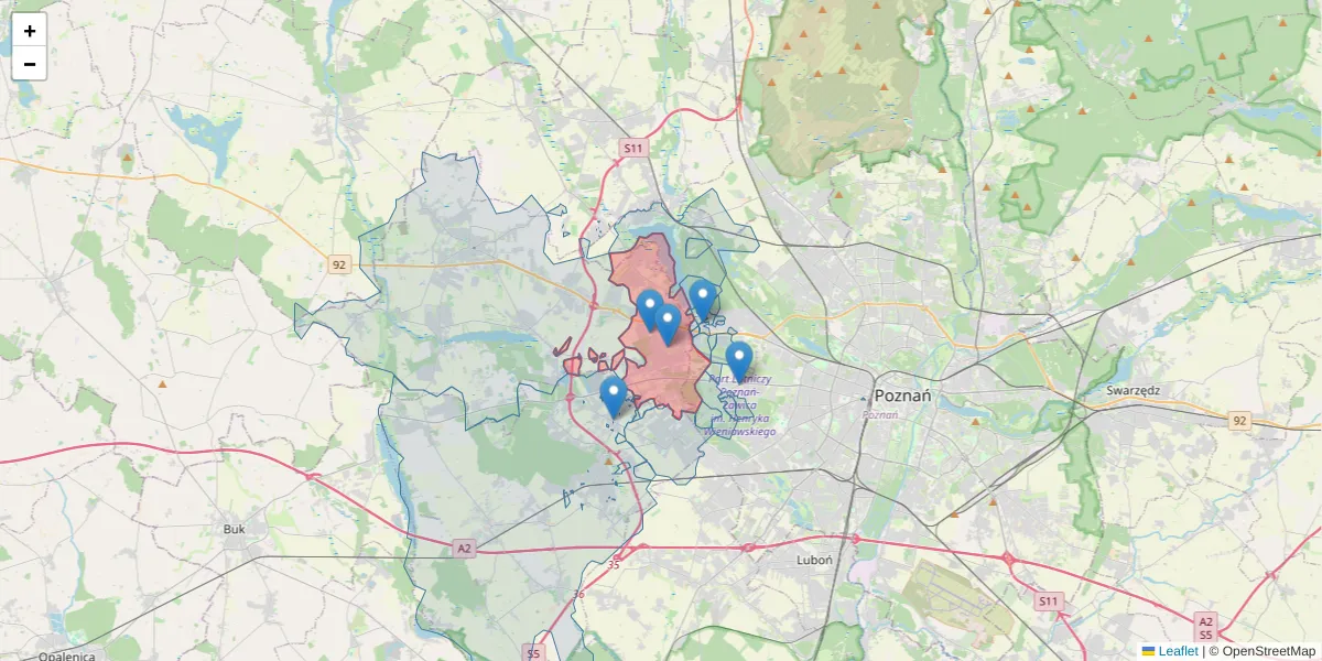 Szczegółowa mapa kodu pocztowego 62-081 z granicami, sąsiednimi kodami pocztowymi i urzędami pocztowymi