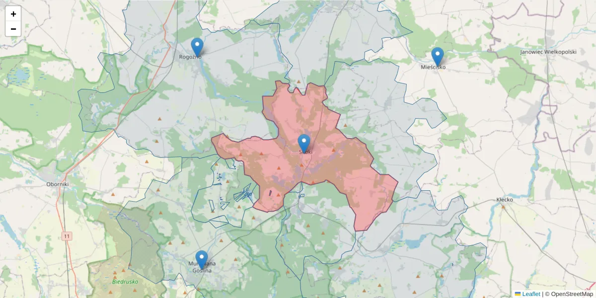 Szczegółowa mapa kodu pocztowego 62-085 z granicami, sąsiednimi kodami pocztowymi i urzędami pocztowymi