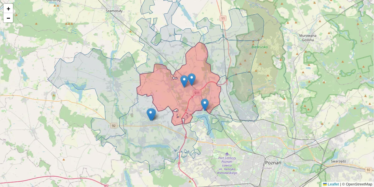Szczegółowa mapa kodu pocztowego 62-090 z granicami, sąsiednimi kodami pocztowymi i urzędami pocztowymi