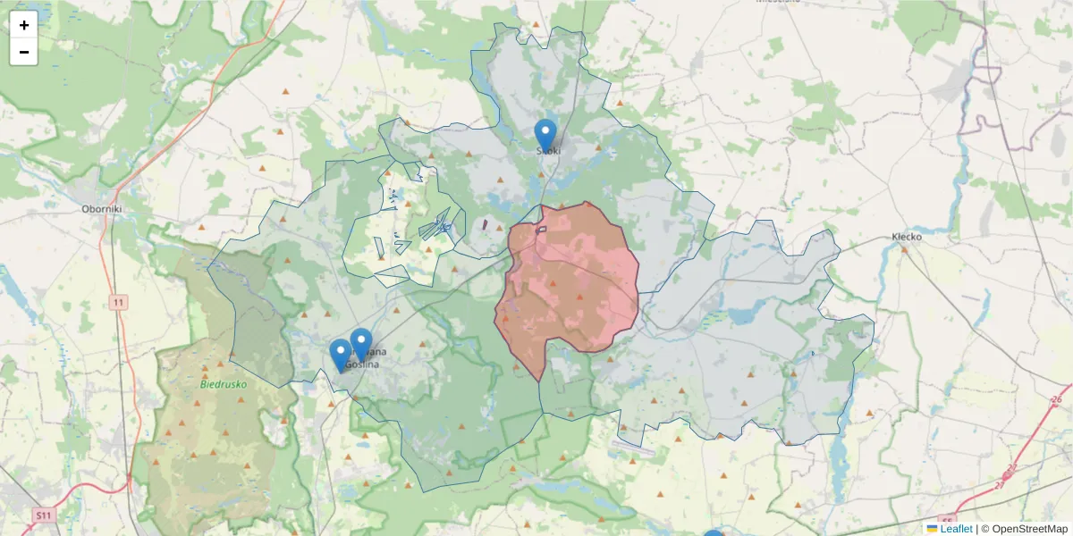 Szczegółowa mapa kodu pocztowego 62-093 z granicami, sąsiednimi kodami pocztowymi i urzędami pocztowymi