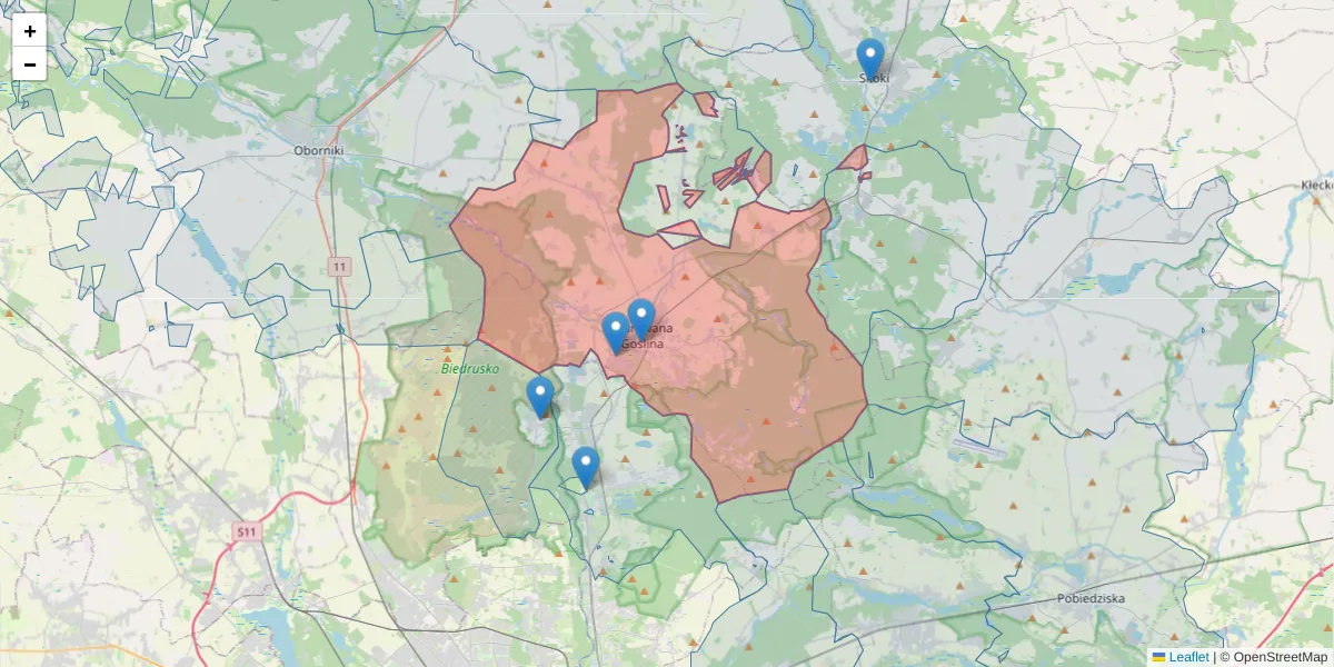 Szczegółowa mapa kodu pocztowego 62-095 z granicami, sąsiednimi kodami pocztowymi i urzędami pocztowymi