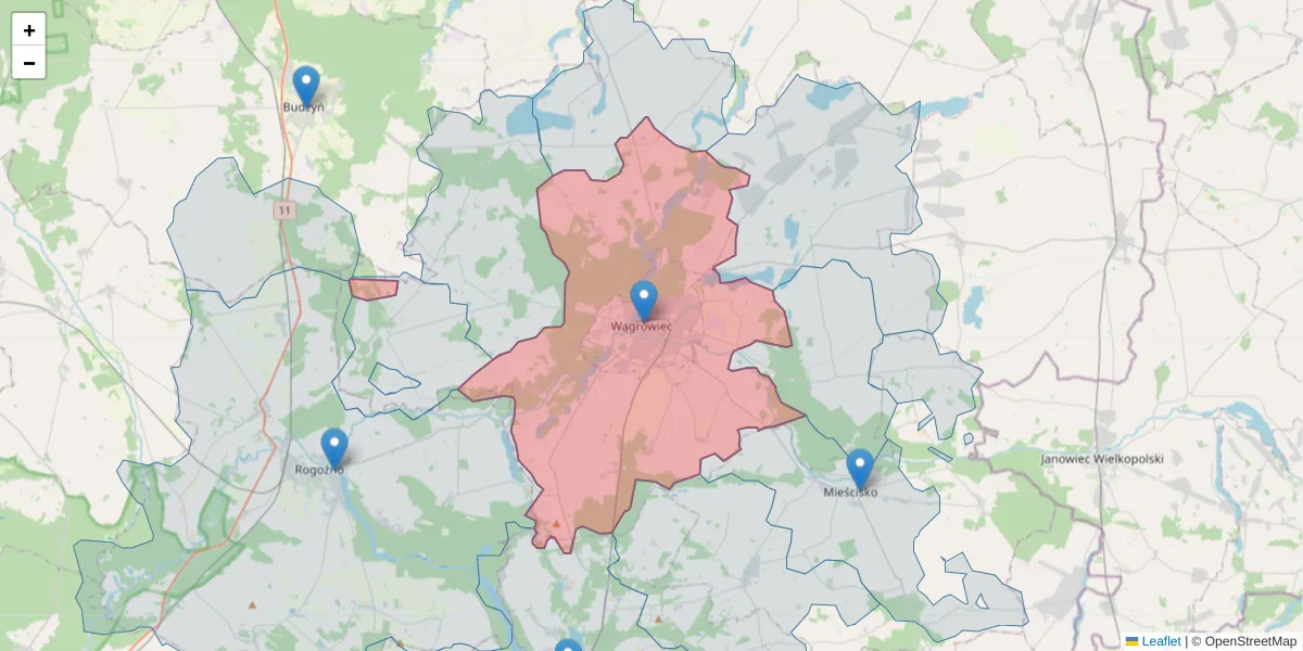 Szczegółowa mapa kodu pocztowego 62-100 z granicami, sąsiednimi kodami pocztowymi i urzędami pocztowymi