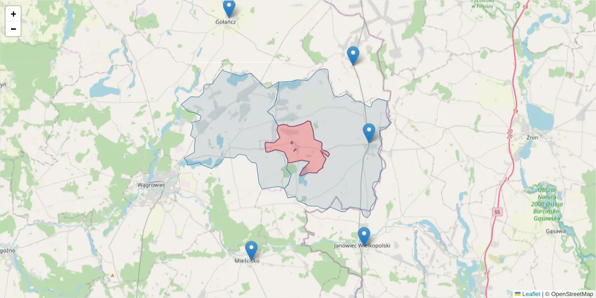 Szczegółowa mapa kodu pocztowego 62-107 z granicami, sąsiednimi kodami pocztowymi i urzędami pocztowymi