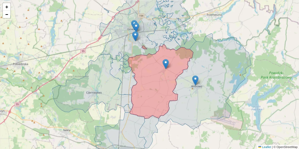Szczegółowa mapa kodu pocztowego 62-220 z granicami, sąsiednimi kodami pocztowymi i urzędami pocztowymi