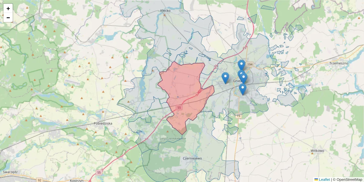 Szczegółowa mapa kodu pocztowego 62-260 z granicami, sąsiednimi kodami pocztowymi i urzędami pocztowymi