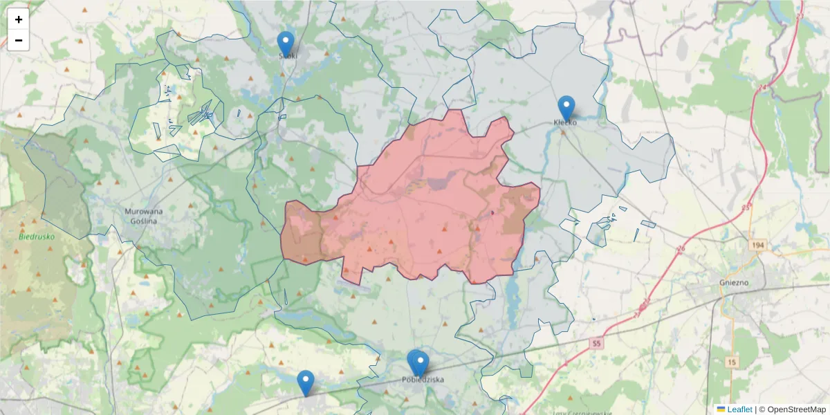 Szczegółowa mapa kodu pocztowego 62-280 z granicami, sąsiednimi kodami pocztowymi i urzędami pocztowymi