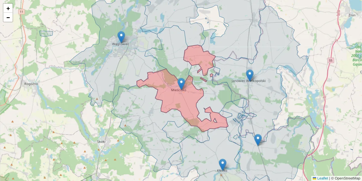 Szczegółowa mapa kodu pocztowego 62-290 z granicami, sąsiednimi kodami pocztowymi i urzędami pocztowymi