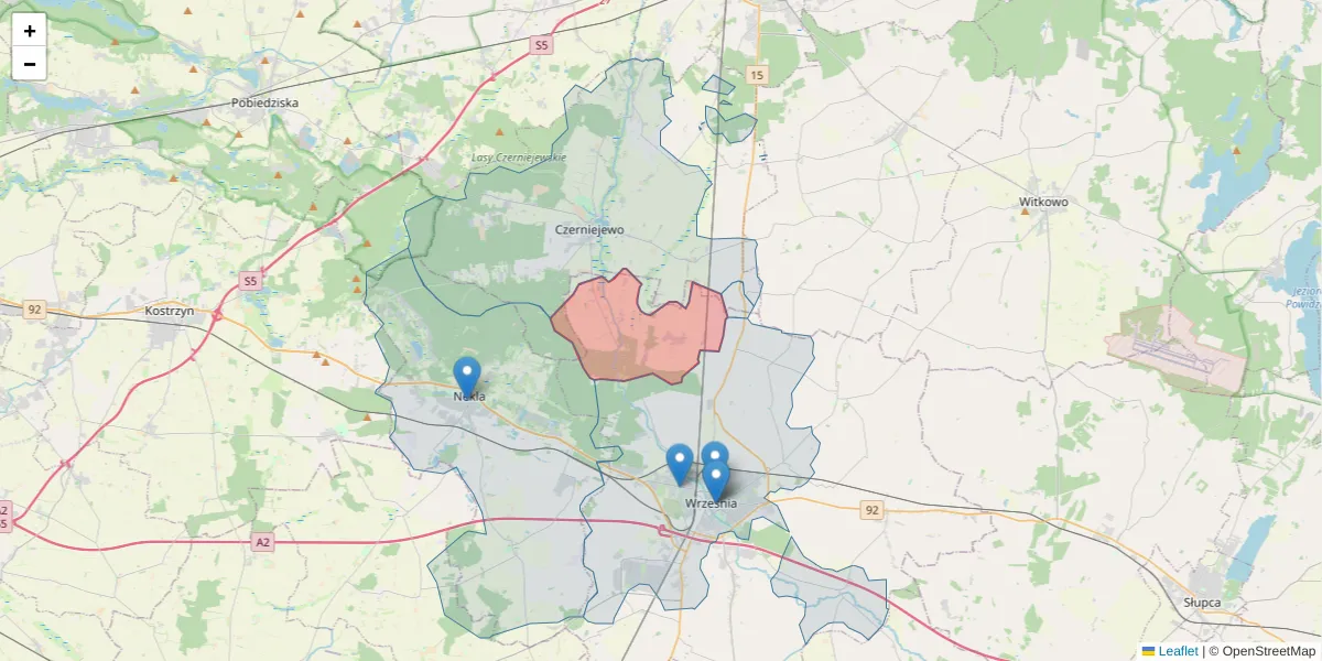 Szczegółowa mapa kodu pocztowego 62-301 z granicami, sąsiednimi kodami pocztowymi i urzędami pocztowymi