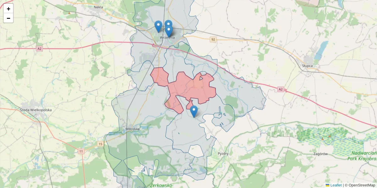 Szczegółowa mapa kodu pocztowego 62-304 z granicami, sąsiednimi kodami pocztowymi i urzędami pocztowymi