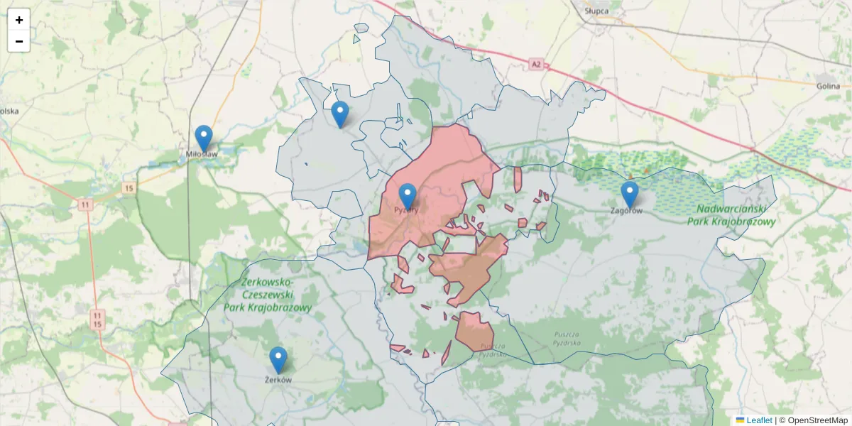 Szczegółowa mapa kodu pocztowego 62-310 z granicami, sąsiednimi kodami pocztowymi i urzędami pocztowymi