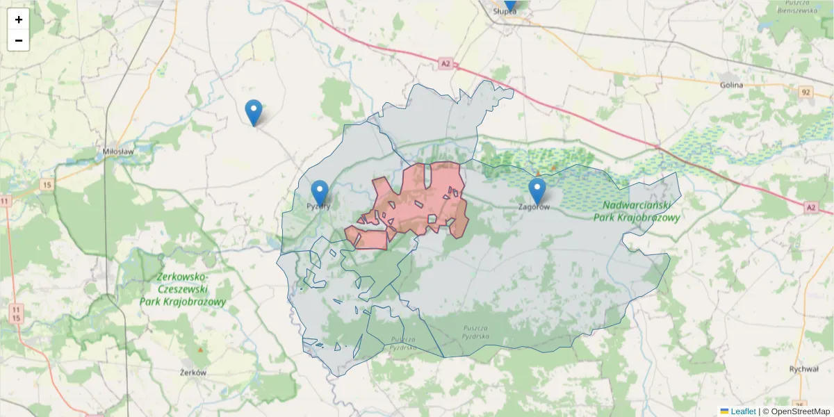 Szczegółowa mapa kodu pocztowego 62-311 z granicami, sąsiednimi kodami pocztowymi i urzędami pocztowymi
