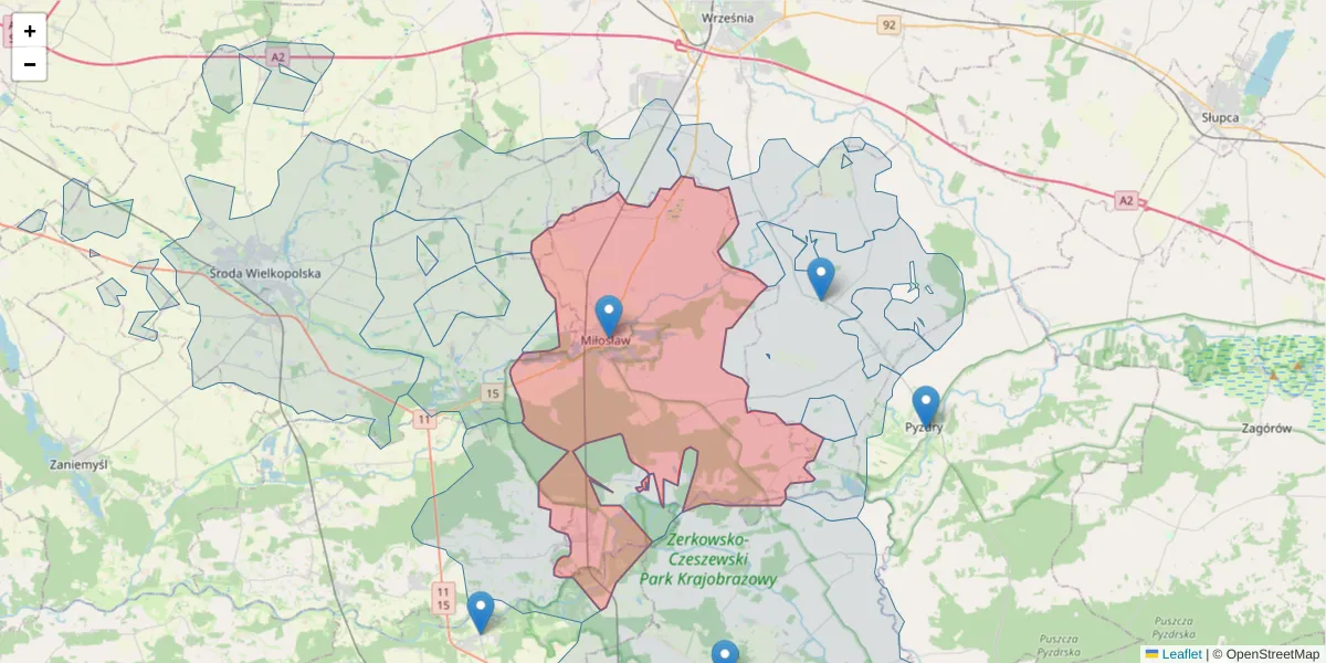 Szczegółowa mapa kodu pocztowego 62-320 z granicami, sąsiednimi kodami pocztowymi i urzędami pocztowymi