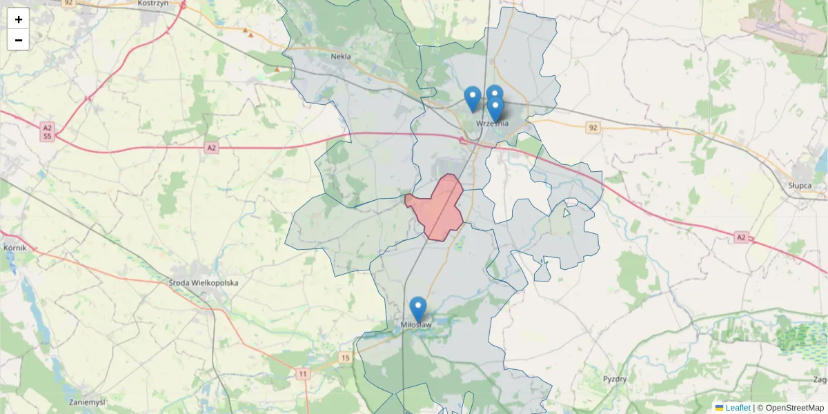 Szczegółowa mapa kodu pocztowego 62-323 z granicami, sąsiednimi kodami pocztowymi i urzędami pocztowymi