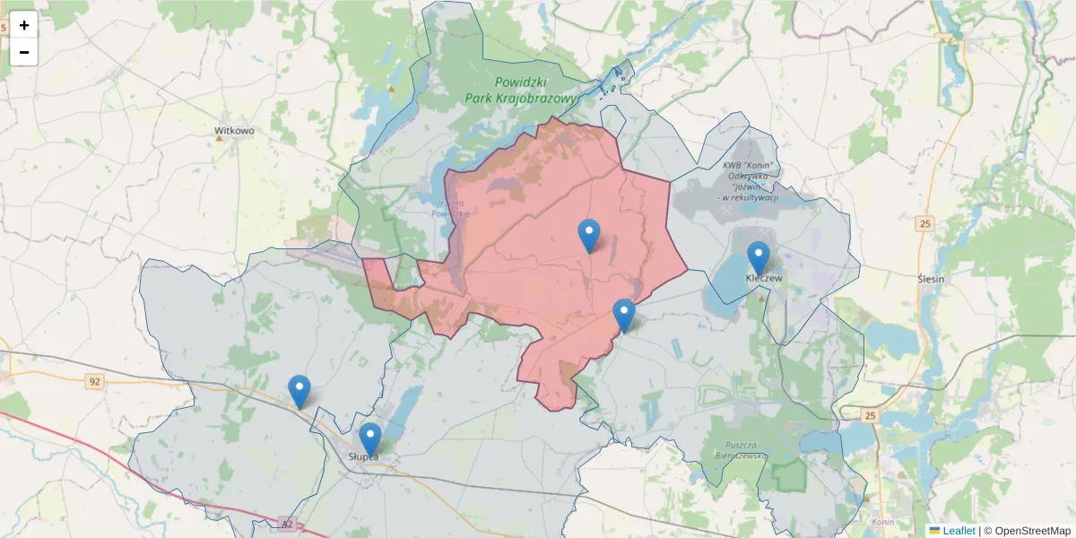 Szczegółowa mapa kodu pocztowego 62-402 z granicami, sąsiednimi kodami pocztowymi i urzędami pocztowymi