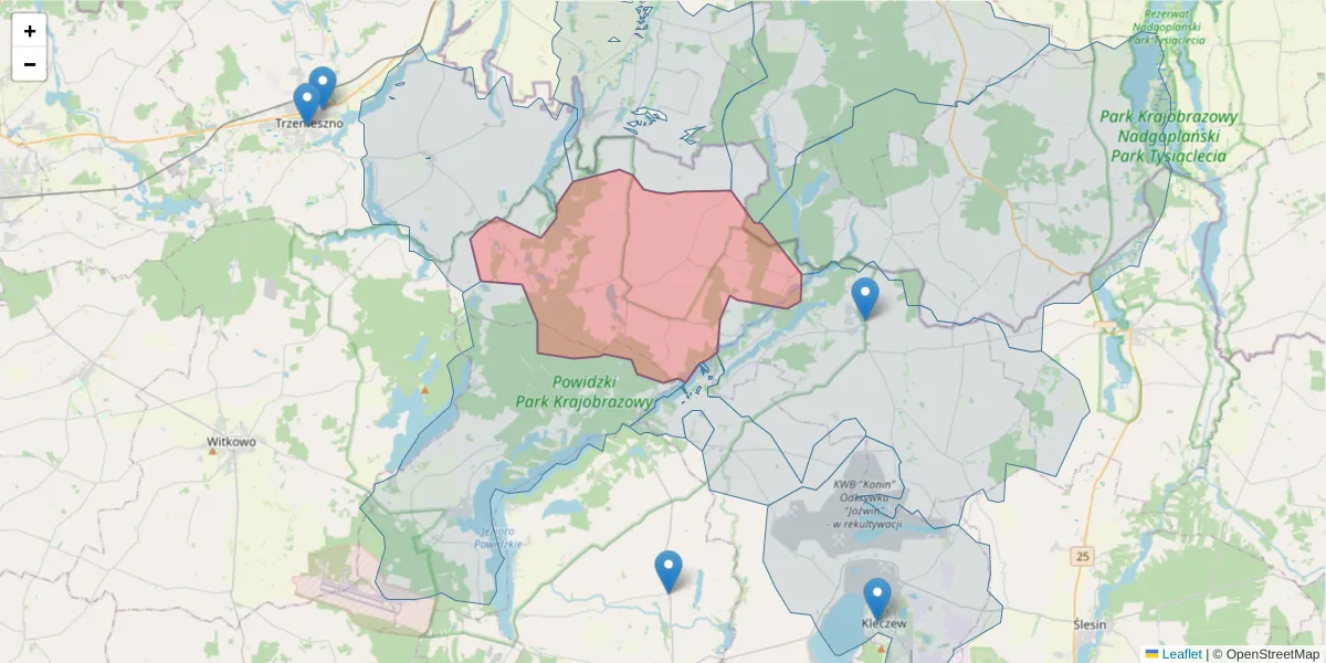 Szczegółowa mapa kodu pocztowego 62-436 z granicami, sąsiednimi kodami pocztowymi i urzędami pocztowymi