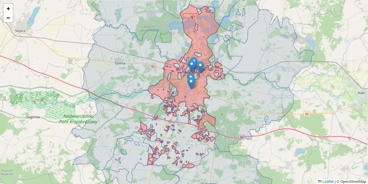 Szczegółowa mapa kodu pocztowego 62-500 z granicami, sąsiednimi kodami pocztowymi i urzędami pocztowymi