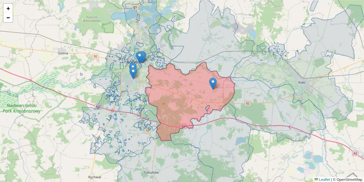 Szczegółowa mapa kodu pocztowego 62-513 z granicami, sąsiednimi kodami pocztowymi i urzędami pocztowymi