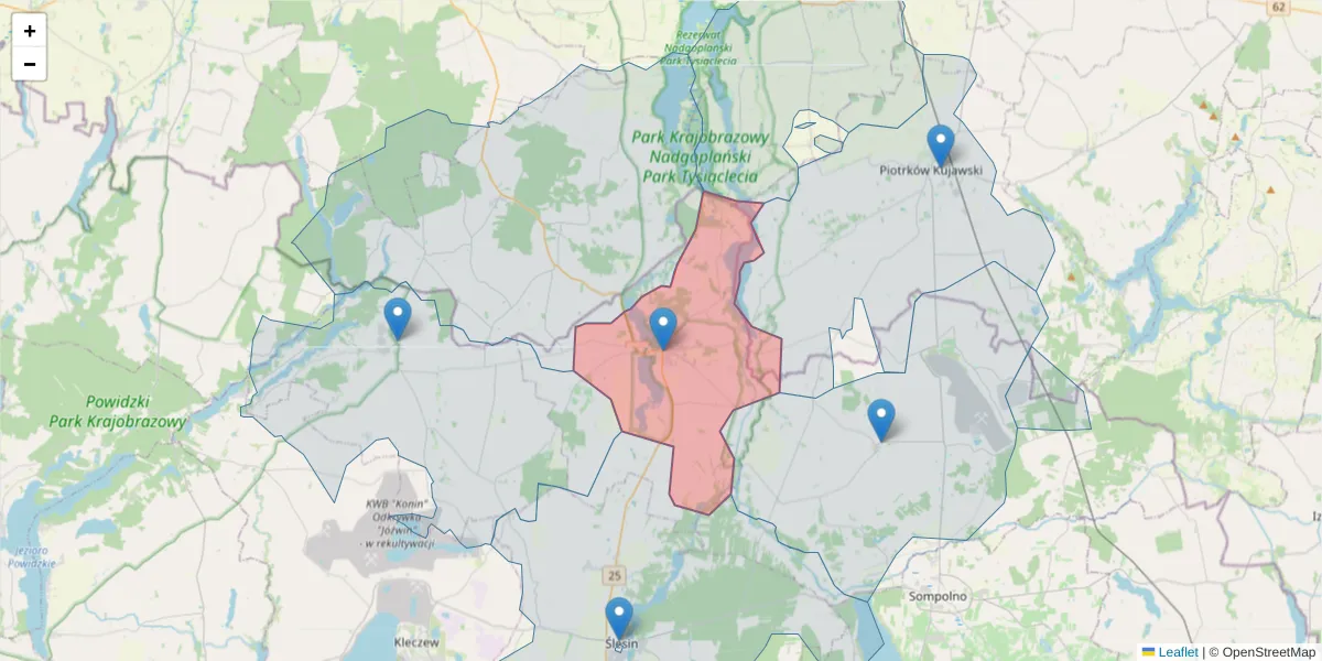 Szczegółowa mapa kodu pocztowego 62-560 z granicami, sąsiednimi kodami pocztowymi i urzędami pocztowymi