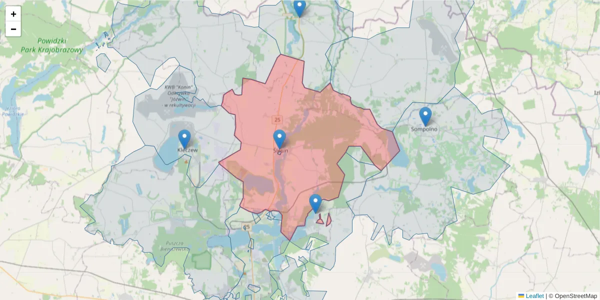 Szczegółowa mapa kodu pocztowego 62-561 z granicami, sąsiednimi kodami pocztowymi i urzędami pocztowymi