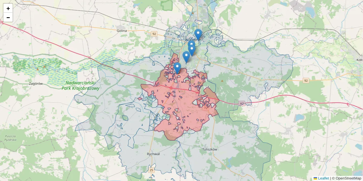 Szczegółowa mapa kodu pocztowego 62-571 z granicami, sąsiednimi kodami pocztowymi i urzędami pocztowymi