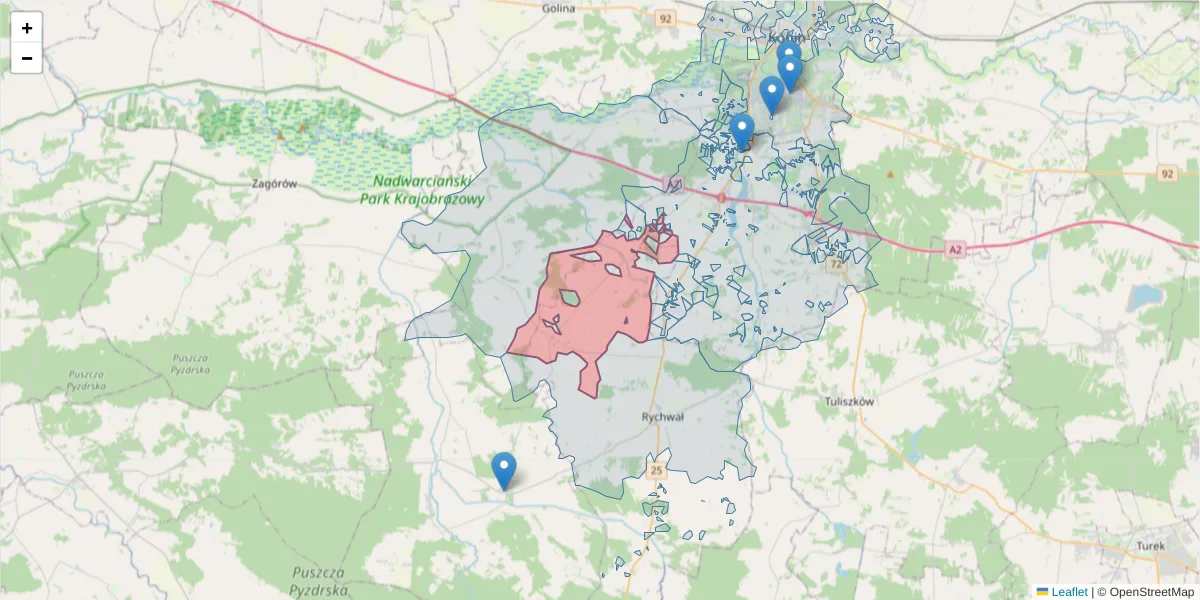 Szczegółowa mapa kodu pocztowego 62-573 z granicami, sąsiednimi kodami pocztowymi i urzędami pocztowymi