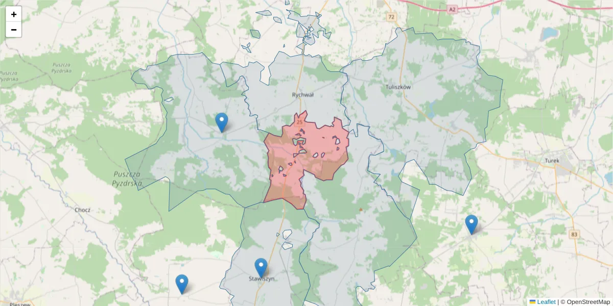 Szczegółowa mapa kodu pocztowego 62-574 z granicami, sąsiednimi kodami pocztowymi i urzędami pocztowymi
