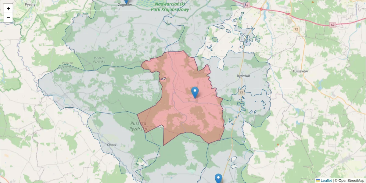 Szczegółowa mapa kodu pocztowego 62-580 z granicami, sąsiednimi kodami pocztowymi i urzędami pocztowymi