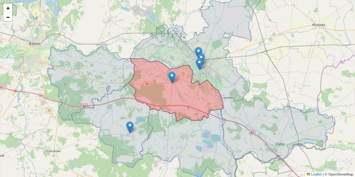 Szczegółowa mapa kodu pocztowego 62-604 z granicami, sąsiednimi kodami pocztowymi i urzędami pocztowymi