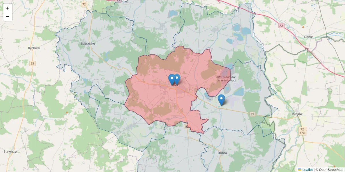 Szczegółowa mapa kodu pocztowego 62-700 z granicami, sąsiednimi kodami pocztowymi i urzędami pocztowymi