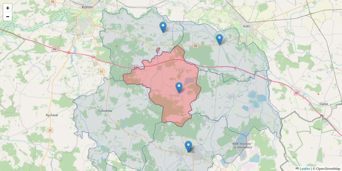 Szczegółowa mapa kodu pocztowego 62-710 z granicami, sąsiednimi kodami pocztowymi i urzędami pocztowymi