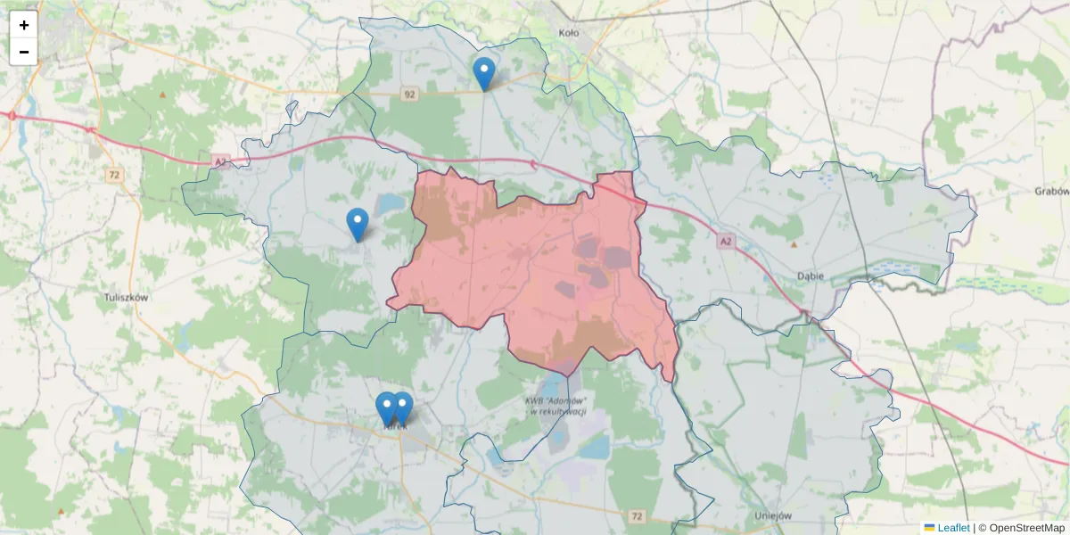 Szczegółowa mapa kodu pocztowego 62-720 z granicami, sąsiednimi kodami pocztowymi i urzędami pocztowymi