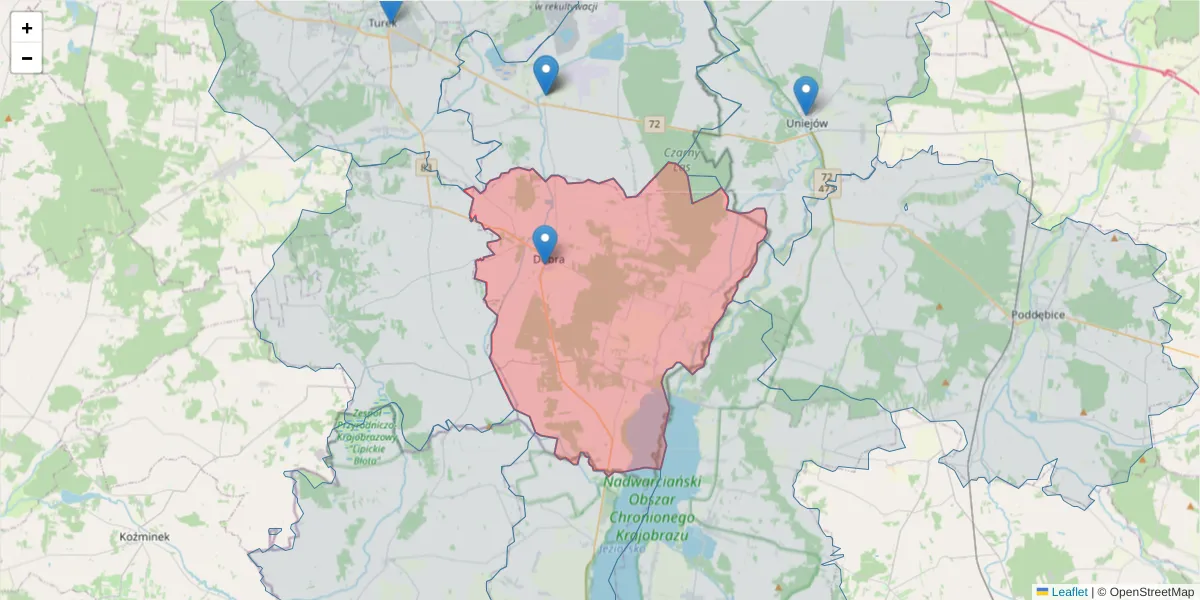 Szczegółowa mapa kodu pocztowego 62-730 z granicami, sąsiednimi kodami pocztowymi i urzędami pocztowymi