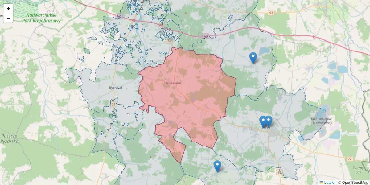 Szczegółowa mapa kodu pocztowego 62-740 z granicami, sąsiednimi kodami pocztowymi i urzędami pocztowymi