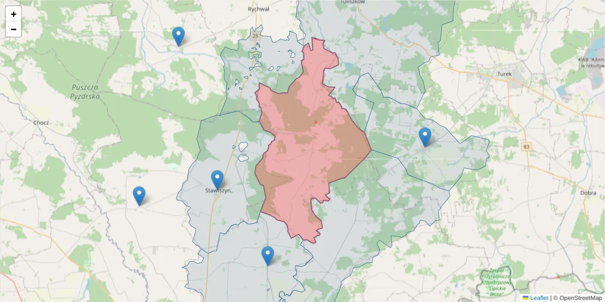 Szczegółowa mapa kodu pocztowego 62-831 z granicami, sąsiednimi kodami pocztowymi i urzędami pocztowymi