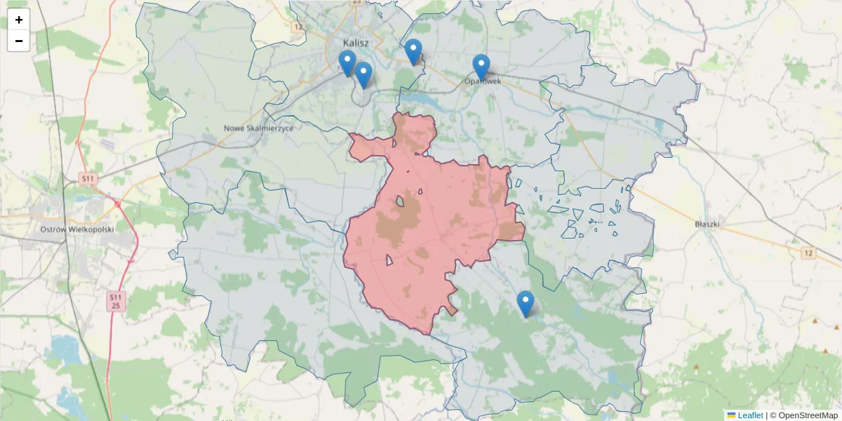 Szczegółowa mapa kodu pocztowego 62-872 z granicami, sąsiednimi kodami pocztowymi i urzędami pocztowymi