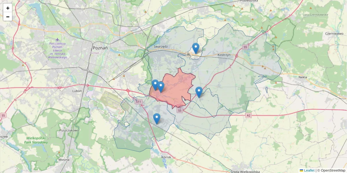 Szczegółowa mapa kodu pocztowego 63-004 z granicami, sąsiednimi kodami pocztowymi i urzędami pocztowymi