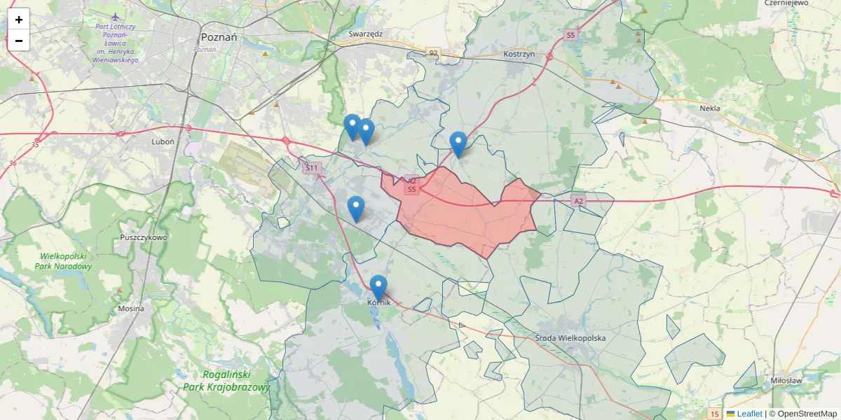 Szczegółowa mapa kodu pocztowego 63-006 z granicami, sąsiednimi kodami pocztowymi i urzędami pocztowymi