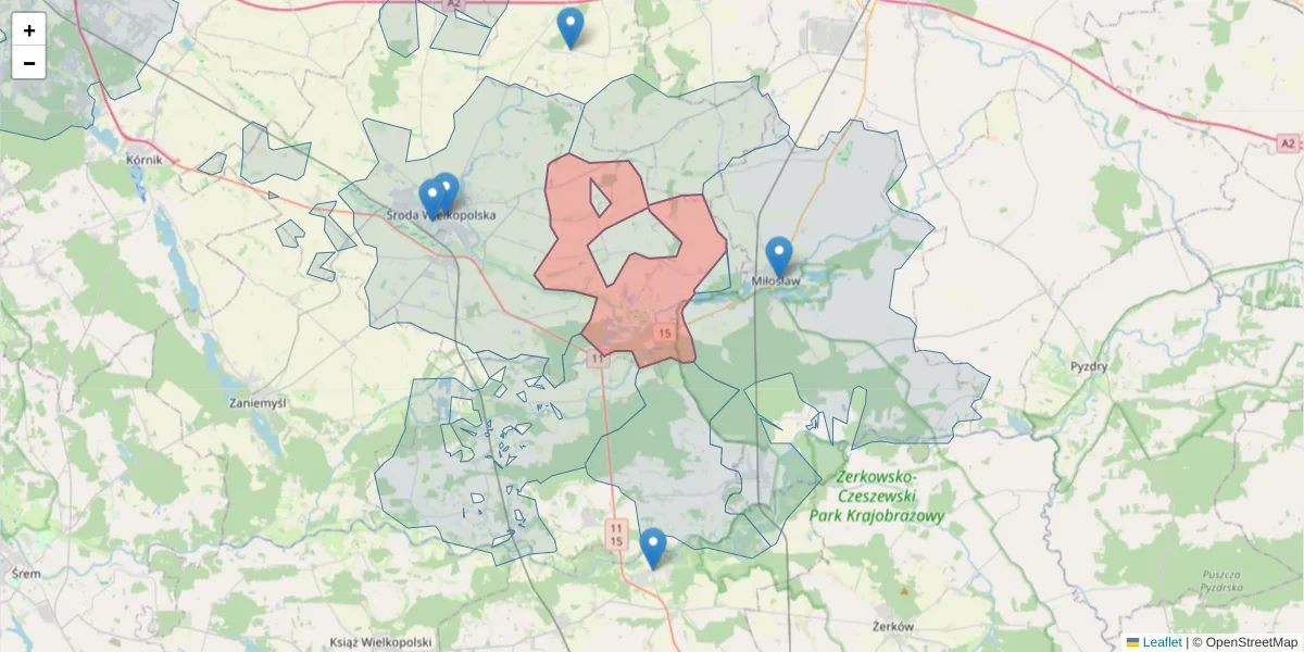 Szczegółowa mapa kodu pocztowego 63-013 z granicami, sąsiednimi kodami pocztowymi i urzędami pocztowymi