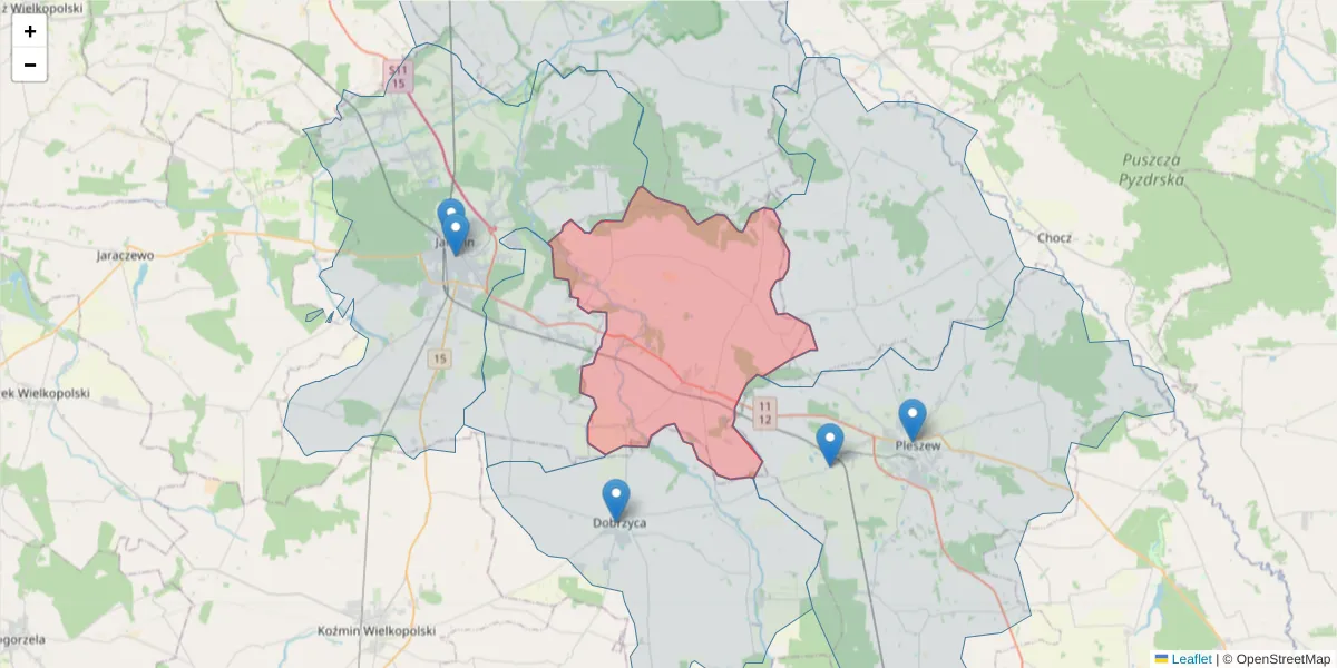 Szczegółowa mapa kodu pocztowego 63-220 z granicami, sąsiednimi kodami pocztowymi i urzędami pocztowymi