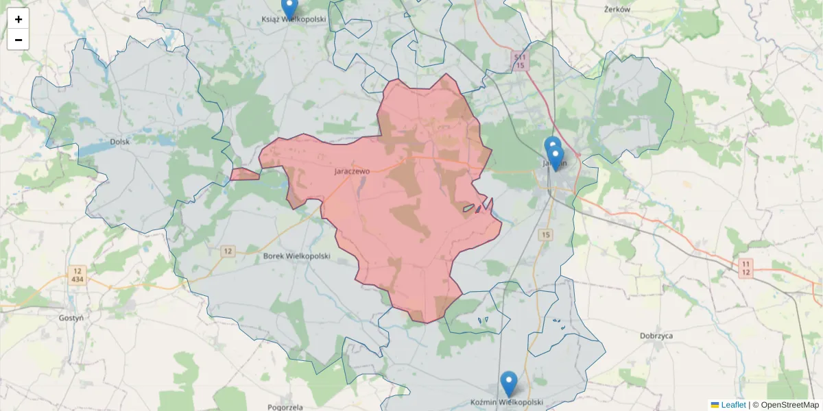 Szczegółowa mapa kodu pocztowego 63-233 z granicami, sąsiednimi kodami pocztowymi i urzędami pocztowymi